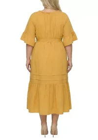 Boho Embroidered Notched Tie Waist Half Sleeve Midi Dress