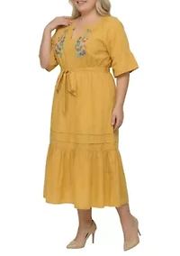 Boho Embroidered Notched Tie Waist Half Sleeve Midi Dress
