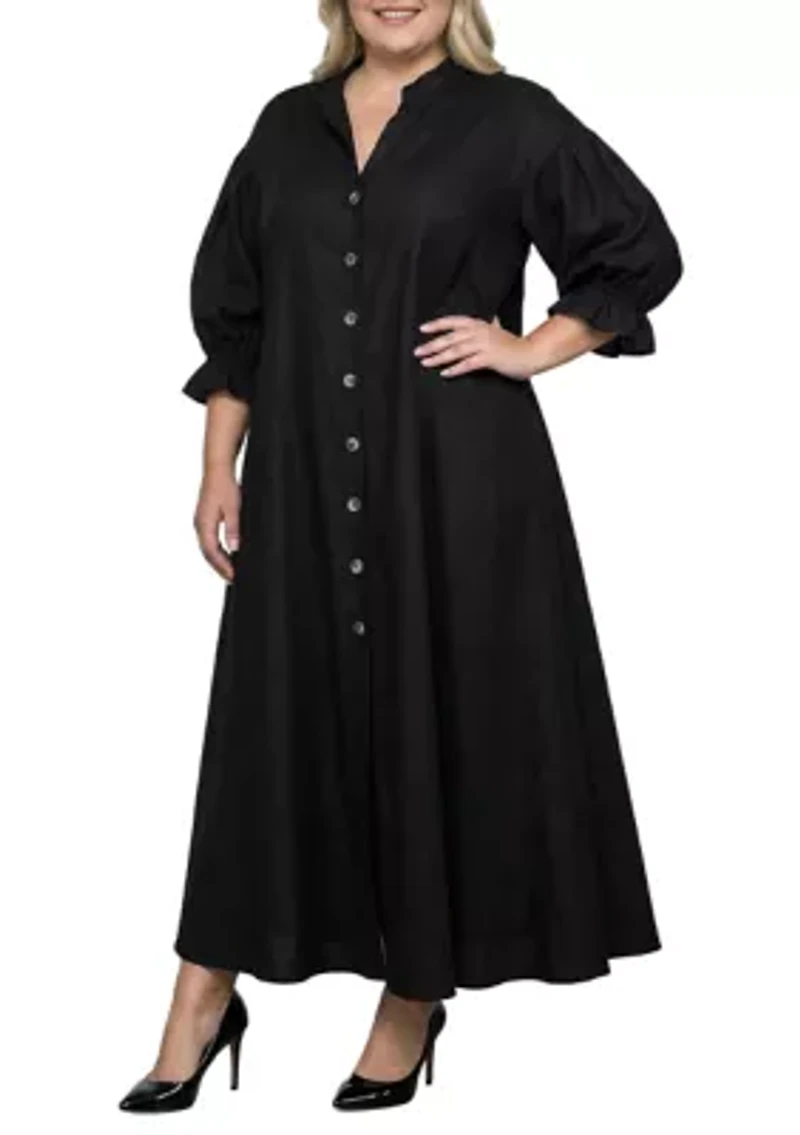 Button Front Puff Sleeve Maxi Shirt Dress