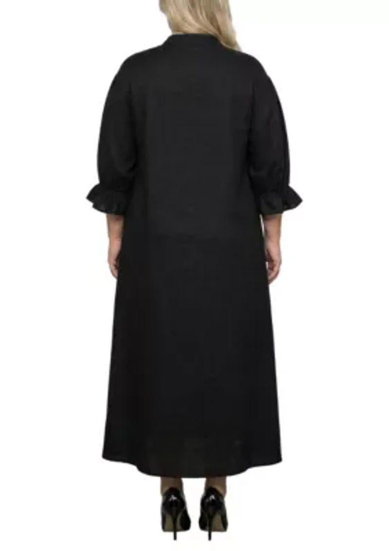 Button Front Puff Sleeve Maxi Shirt Dress