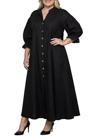 Button Front Puff Sleeve Maxi Shirt Dress