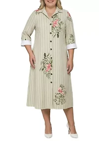 Striped Floral Button-Down Midi Shirt Dress