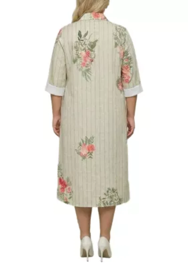 Striped Floral Button-Down Midi Shirt Dress