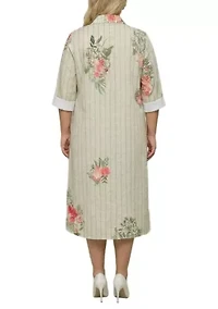 Striped Floral Button-Down Midi Shirt Dress