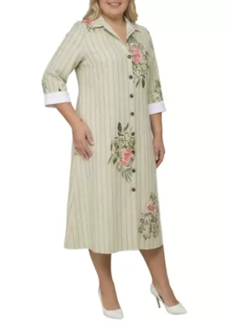Striped Floral Button-Down Midi Shirt Dress