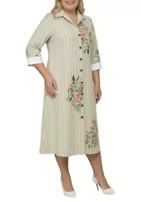 Striped Floral Button-Down Midi Shirt Dress