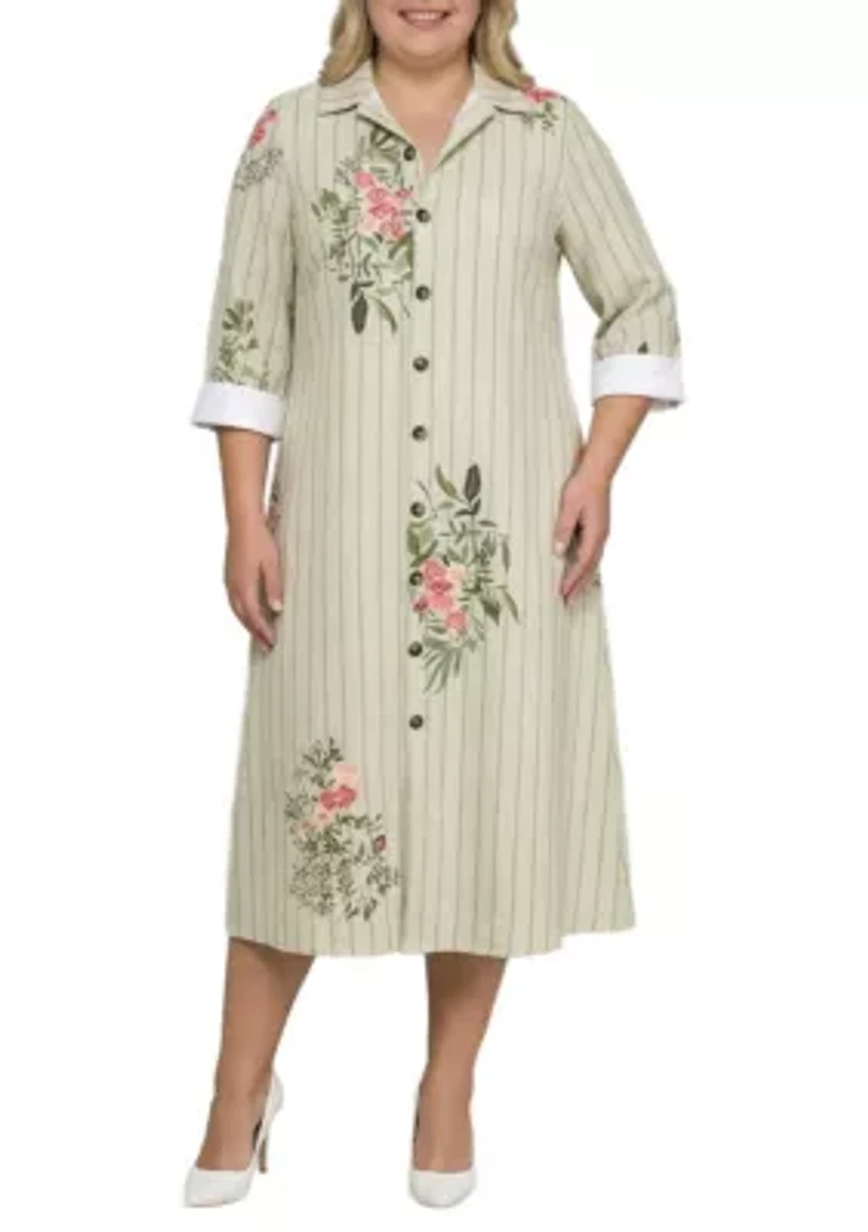 Striped Floral Button-Down Midi Shirt Dress