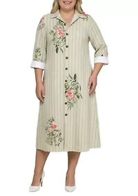 Striped Floral Button-Down Midi Shirt Dress