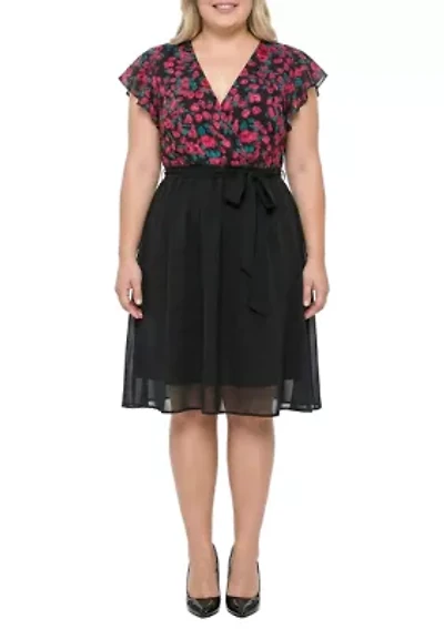 Floral Top Solid Skirt Flutter Sleeve Dress