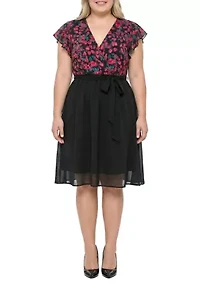 Floral Top Solid Skirt Flutter Sleeve Dress