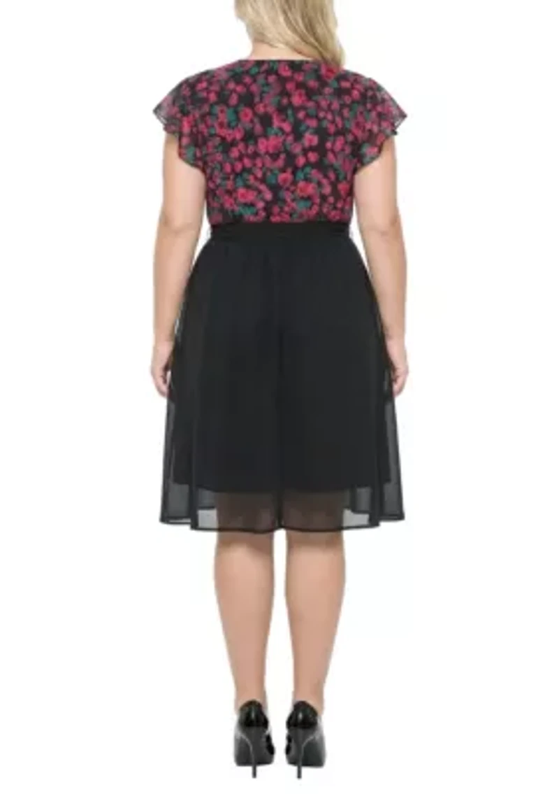 Floral Top Solid Skirt Flutter Sleeve Dress