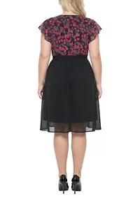 Floral Top Solid Skirt Flutter Sleeve Dress