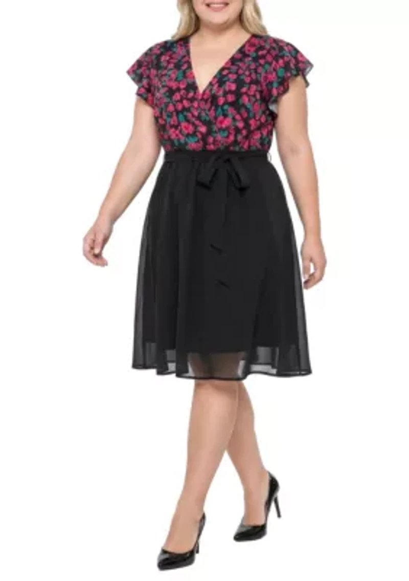 Floral Top Solid Skirt Flutter Sleeve Dress