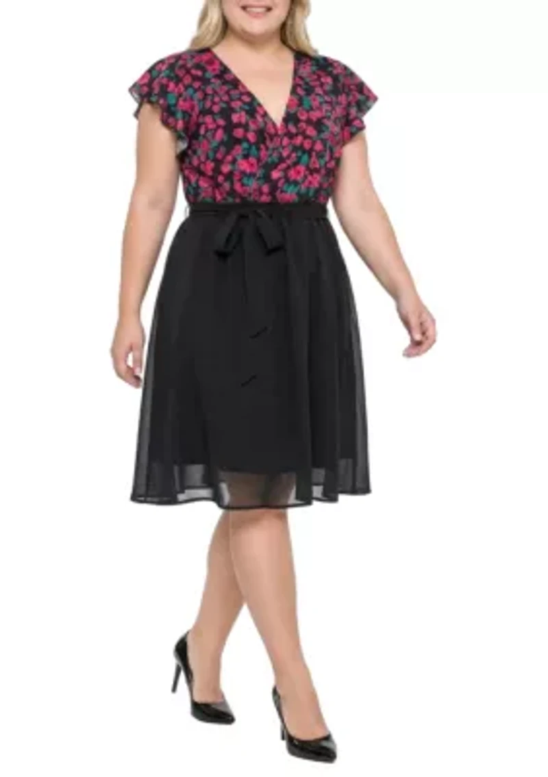 Floral Top Solid Skirt Flutter Sleeve Dress