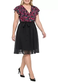 Floral Top Solid Skirt Flutter Sleeve Dress