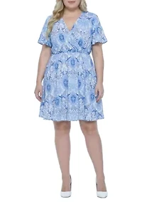 Floral Surplice Neck Flutter Sleeve Dress