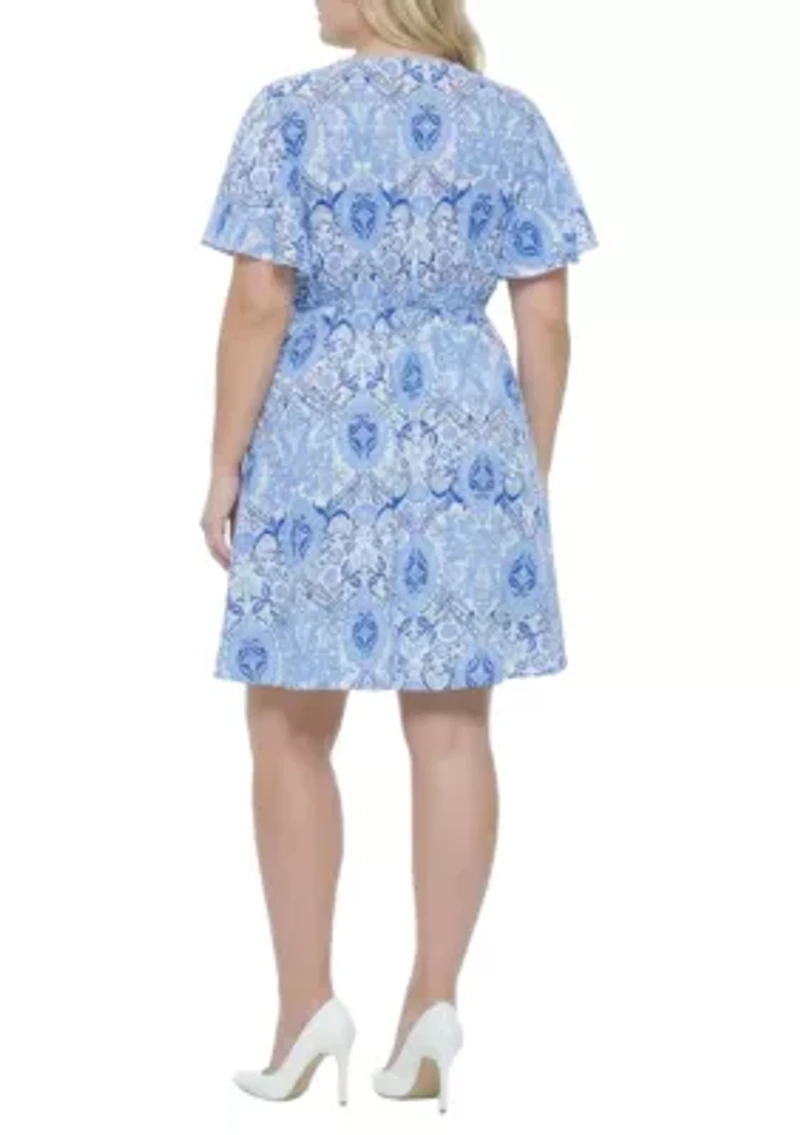 Floral Surplice Neck Flutter Sleeve Dress