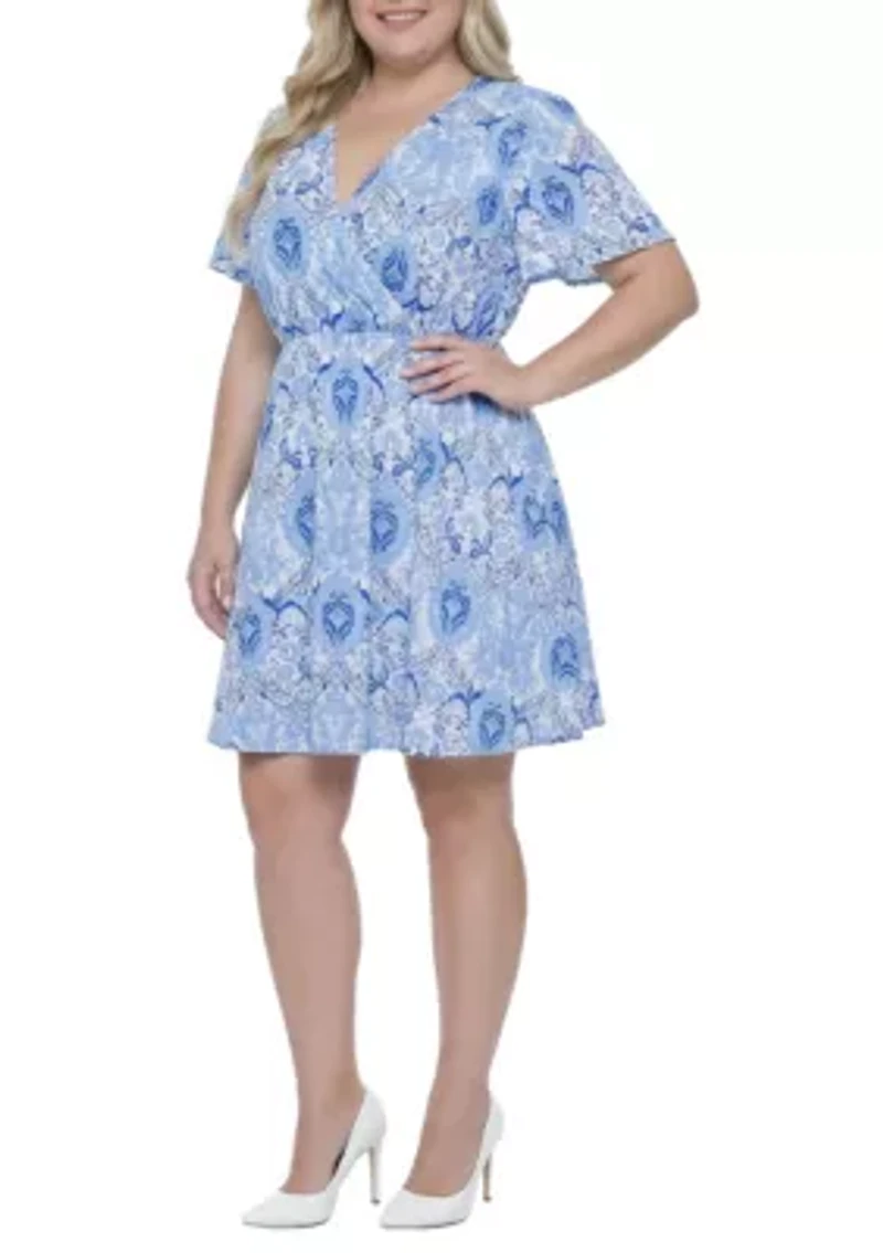 Floral Surplice Neck Flutter Sleeve Dress