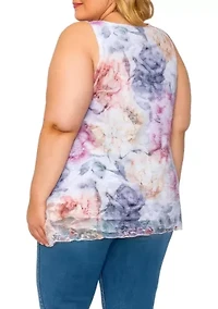 Rose Print Lace Sleeveless Top