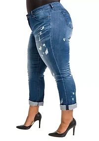 Poetic Justice Plus Women's Curvy Fit Blue Bleach Spots Boyfriend Jeans