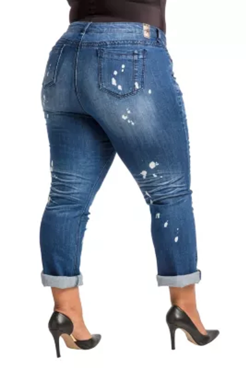 Poetic Justice Plus Women's Curvy Fit Blue Bleach Spots Boyfriend Jeans