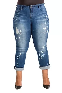 Poetic Justice Plus Women's Curvy Fit Blue Bleach Spots Boyfriend Jeans