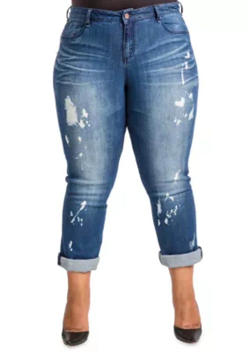Poetic Justice Plus Women's Curvy Fit Blue Bleach Spots Boyfriend Jeans