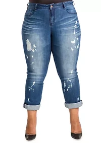 Poetic Justice Plus Women's Curvy Fit Blue Bleach Spots Boyfriend Jeans