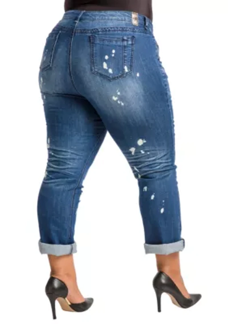 Poetic Justice Plus Women's Curvy Fit Blue Bleach Spots Boyfriend Jeans