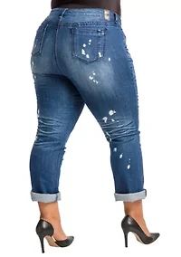 Poetic Justice Plus Women's Curvy Fit Blue Bleach Spots Boyfriend Jeans