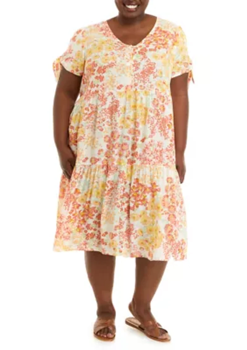 Plus Short Sleeve Button Front Tiered Midi Dress