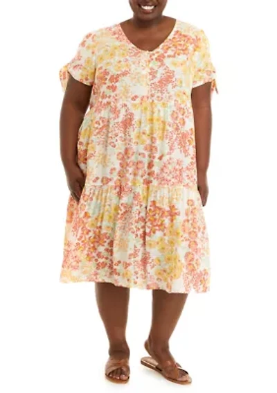 Plus Short Sleeve Button Front Tiered Midi Dress