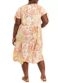 Plus Short Sleeve Button Front Tiered Midi Dress