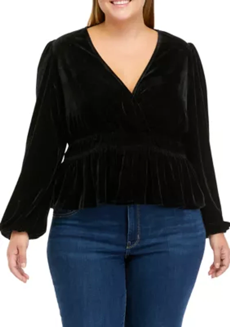 Plus Long Sleeve Velvet Surplice Knit Top