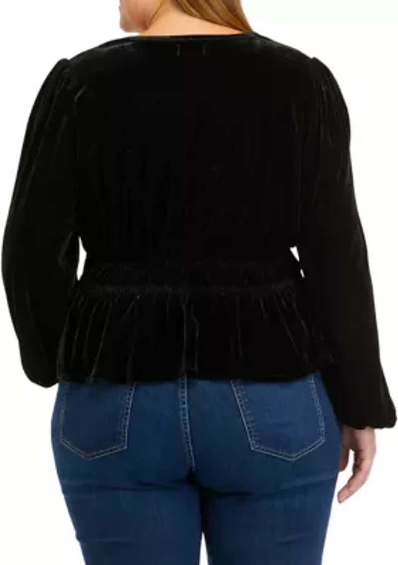 Plus Long Sleeve Velvet Surplice Knit Top