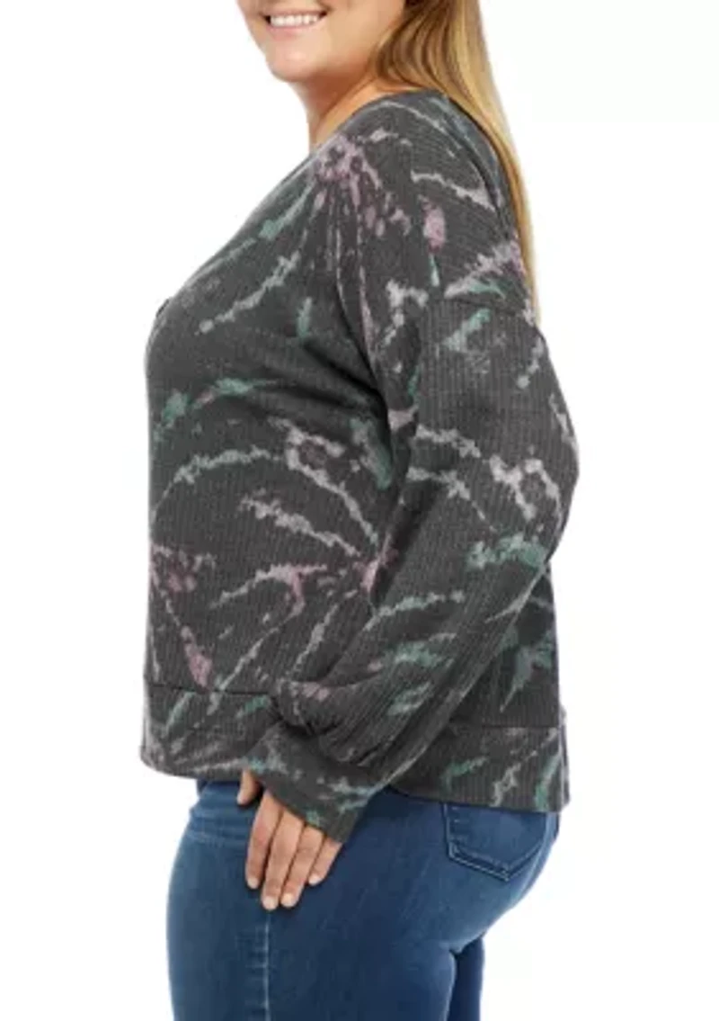 Plus Tie Dye Oversized Waffle Henley Top