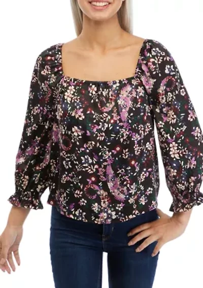 3/4 Sleeve Square Neck Satin Woven Top