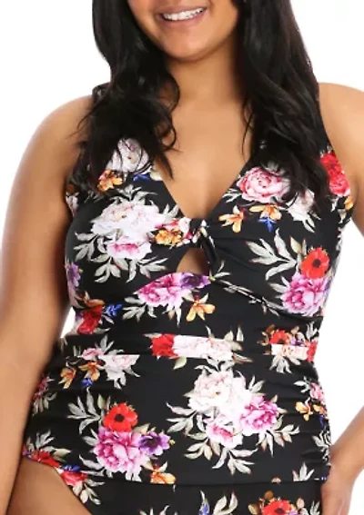 Plus Size Floral  V-Neck Swim Tankini Top