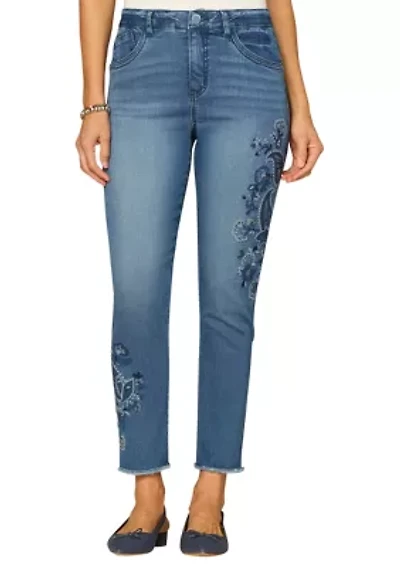 Women's High Rise Ankle Skimmer Pants with Paisley Embroidery