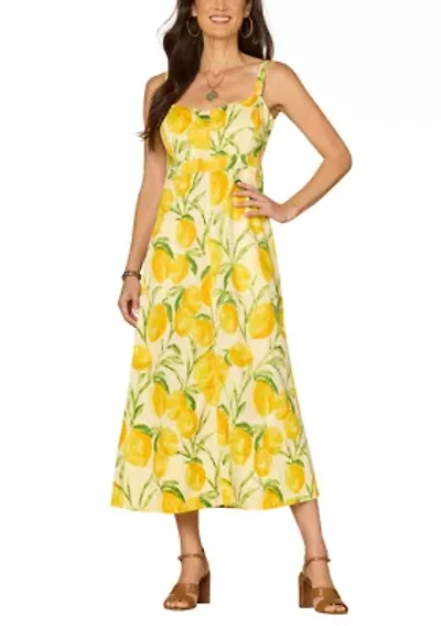 Women's Sleeveless Lemon Printed Woven Tank Midi Dress