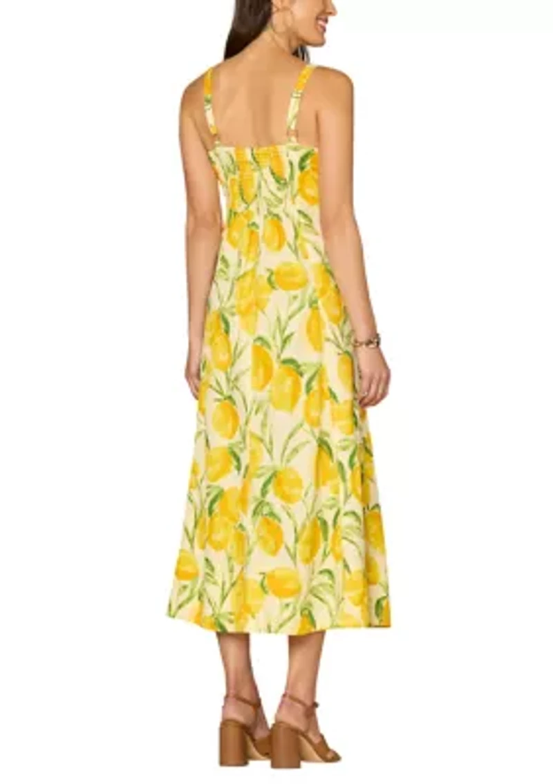 Women's Sleeveless Lemon Printed Woven Tank Midi Dress
