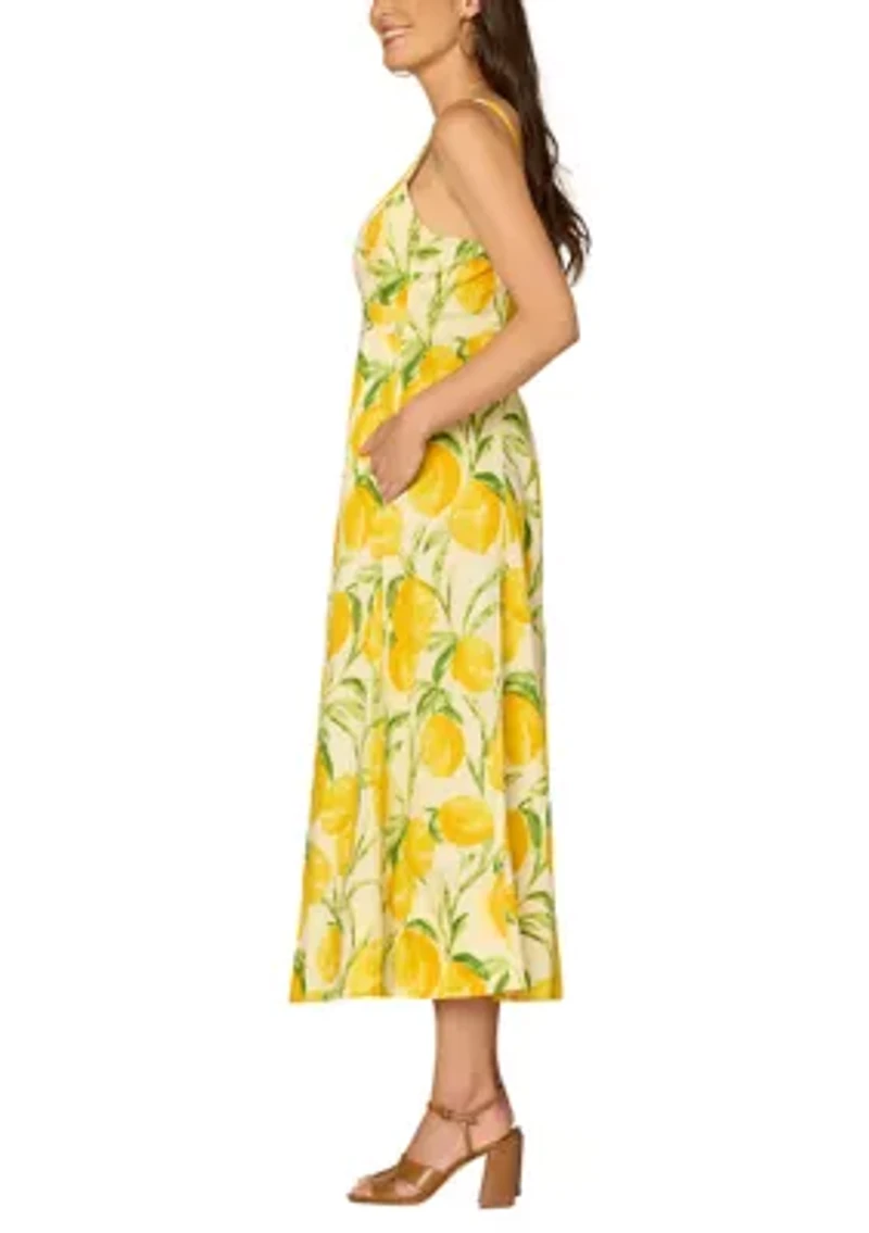 Women's Sleeveless Lemon Printed Woven Tank Midi Dress