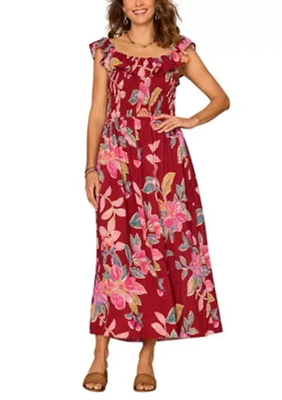 Women's Ruffle U Neck Smocked Midi Dress
