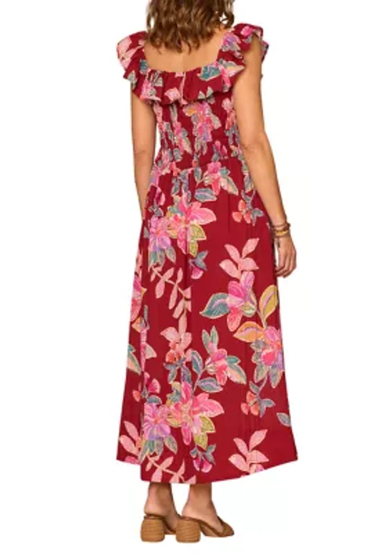 Women's Ruffle U Neck Smocked Midi Dress