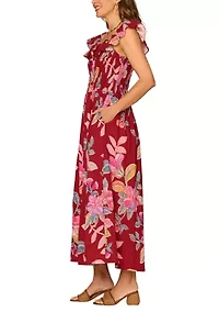 Women's Ruffle U Neck Smocked Midi Dress