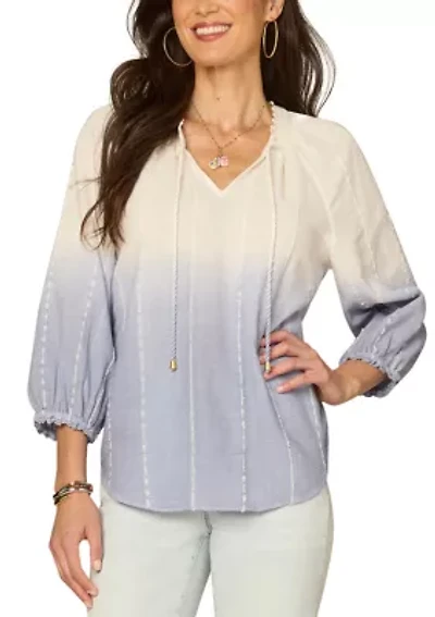 Women's Three-Quarter Blouson Sleeve Split Neck Top