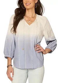 Women's Three-Quarter Blouson Sleeve Split Neck Top