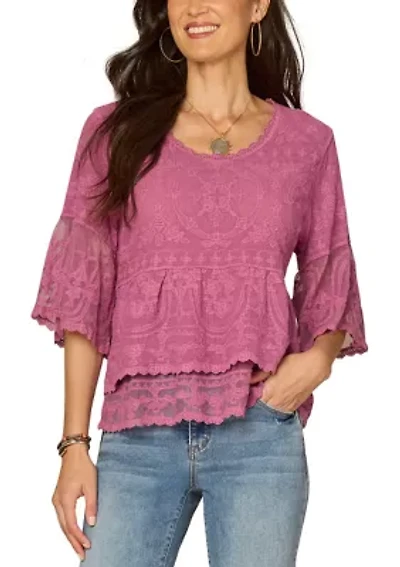 Women's Three-Quarter Bell Sleeve Embroidered Double Flounce Peplum Top