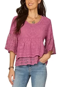 Women's Three-Quarter Bell Sleeve Embroidered Double Flounce Peplum Top