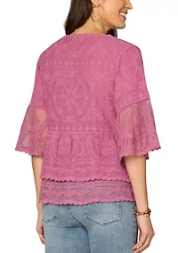 Women's Three-Quarter Bell Sleeve Embroidered Double Flounce Peplum Top